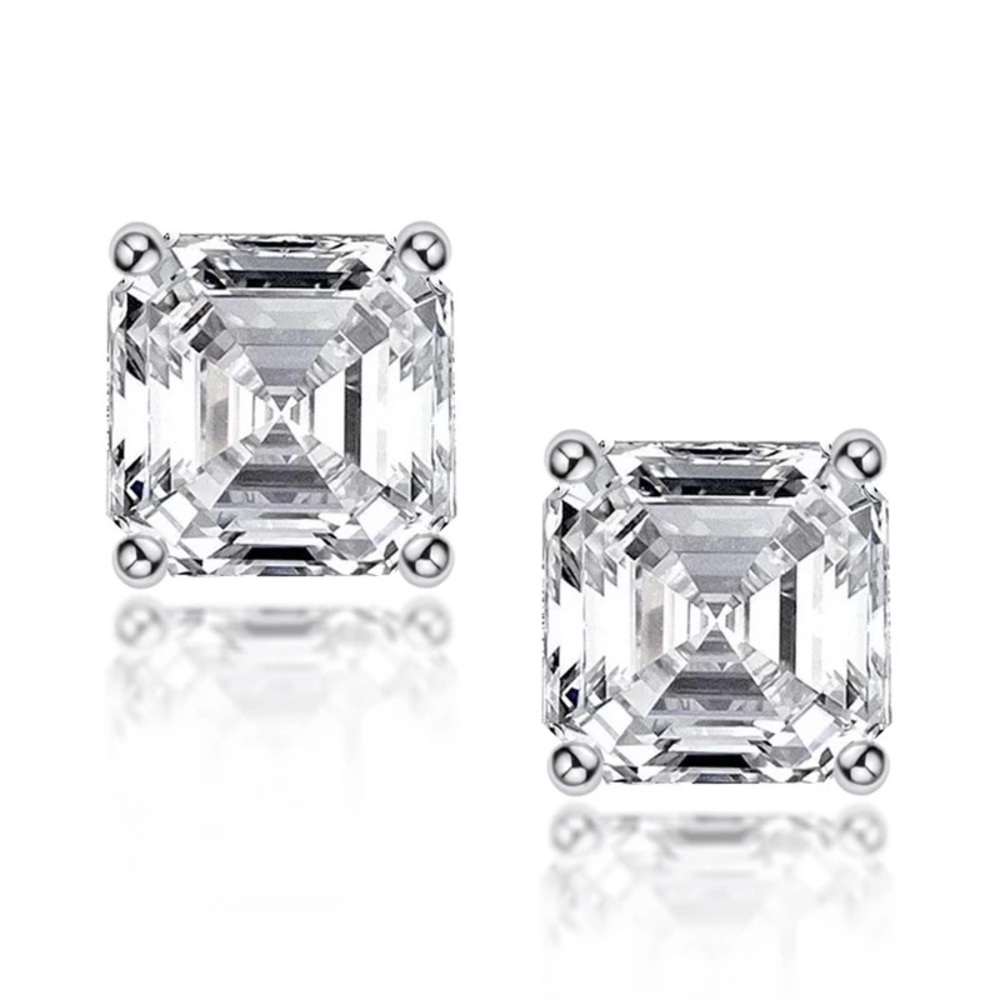 1.25Ct Sterling Silver Asscher Cut 6mm Classic Pin Rectangular Diamond Earrings